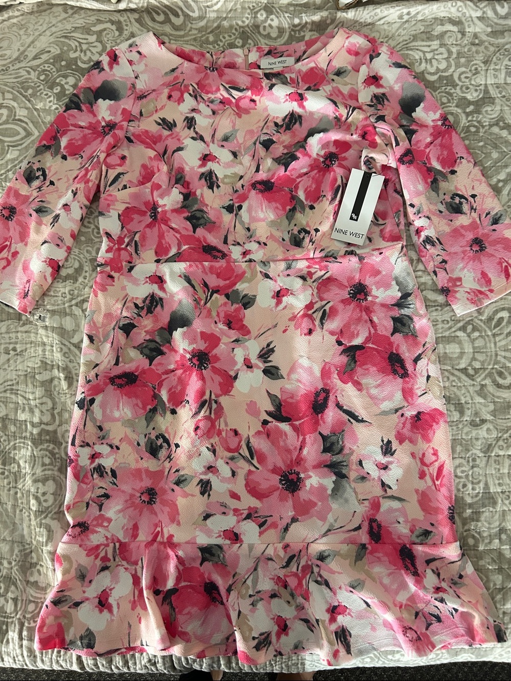 Nine West Pink Floral Ruffle-Hem Sheath Dress